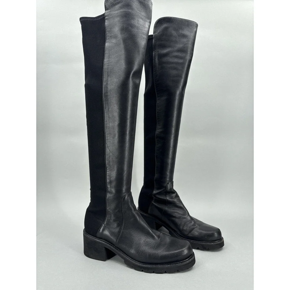 Stuart Weitzman Boots Womens Size 8.5 Black Lamb Leather Over Knee Block Heel
